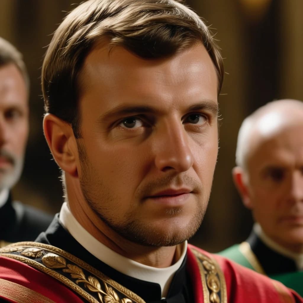 Create an image of the moment when Ambrosius, appointed prefect of Northern Italy by Emperor Valentinian I a year before the events described, receives unusual advice from his predecessor, Prefect Probus. The image should depict Ambrosius and Probus standing face to face, in serious conversation. Probus's gaze should be instructive, while the expression on Ambrosius's face should be attentive and thoughtful. The moment should convey the importance of Prob's advice and the future significance of that advice for Ambrosius