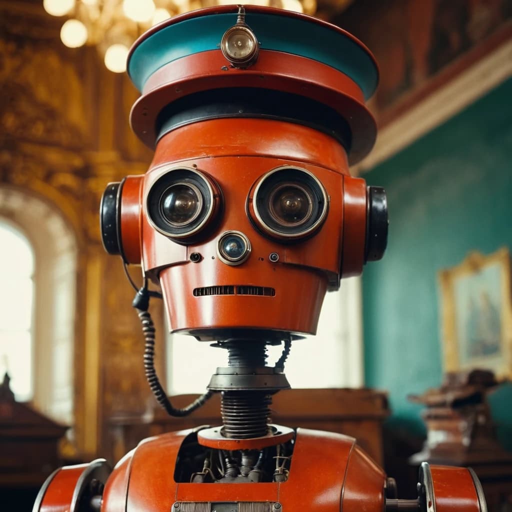 Robot Petrobot from Saint Petersburg with old fashion hat on the head