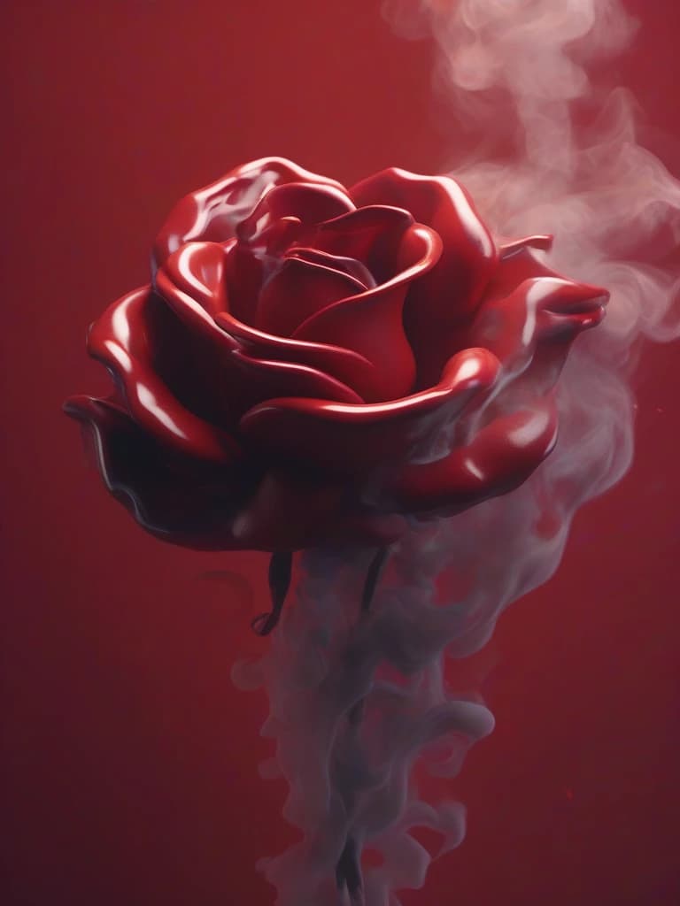 Red thick smoke in smooth colors depicts a melting rose figure against a wall background with red smoke streaming down it. Strong contrast of dramatic colors, 4k, high quality and detail. Flickering light, perfect composition, beautifully detailed intricate insanely detailed octane render trend on artstation, 8 k art photography, photorealistic concept art, soft natural volumetric cinematic perfect light, chiaroscuro, award - winning photograph, masterpiece, oil on canvas, raphael, caravaggio, greg rutkowski, bipple, bexinski, hyger