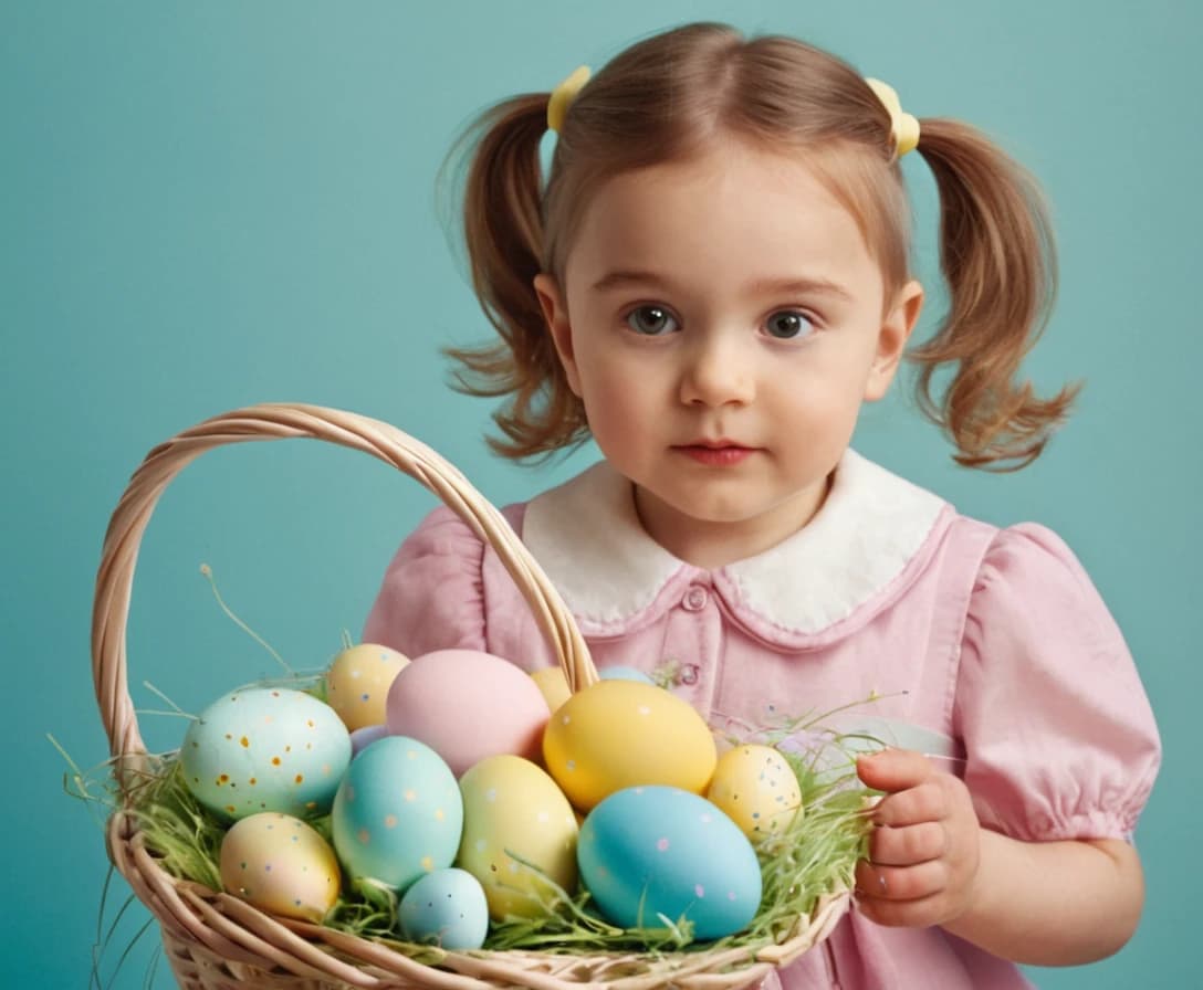 Realistic photo of child on easter banner with easter basket in hands, pastel colors. Promotional stock photo. easter theme. Hyper - details, flat layout