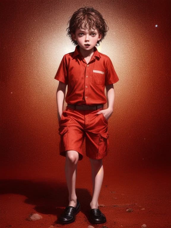 photorealistic image, full-length preschool boy, wearing red summer clothes, on a red space background