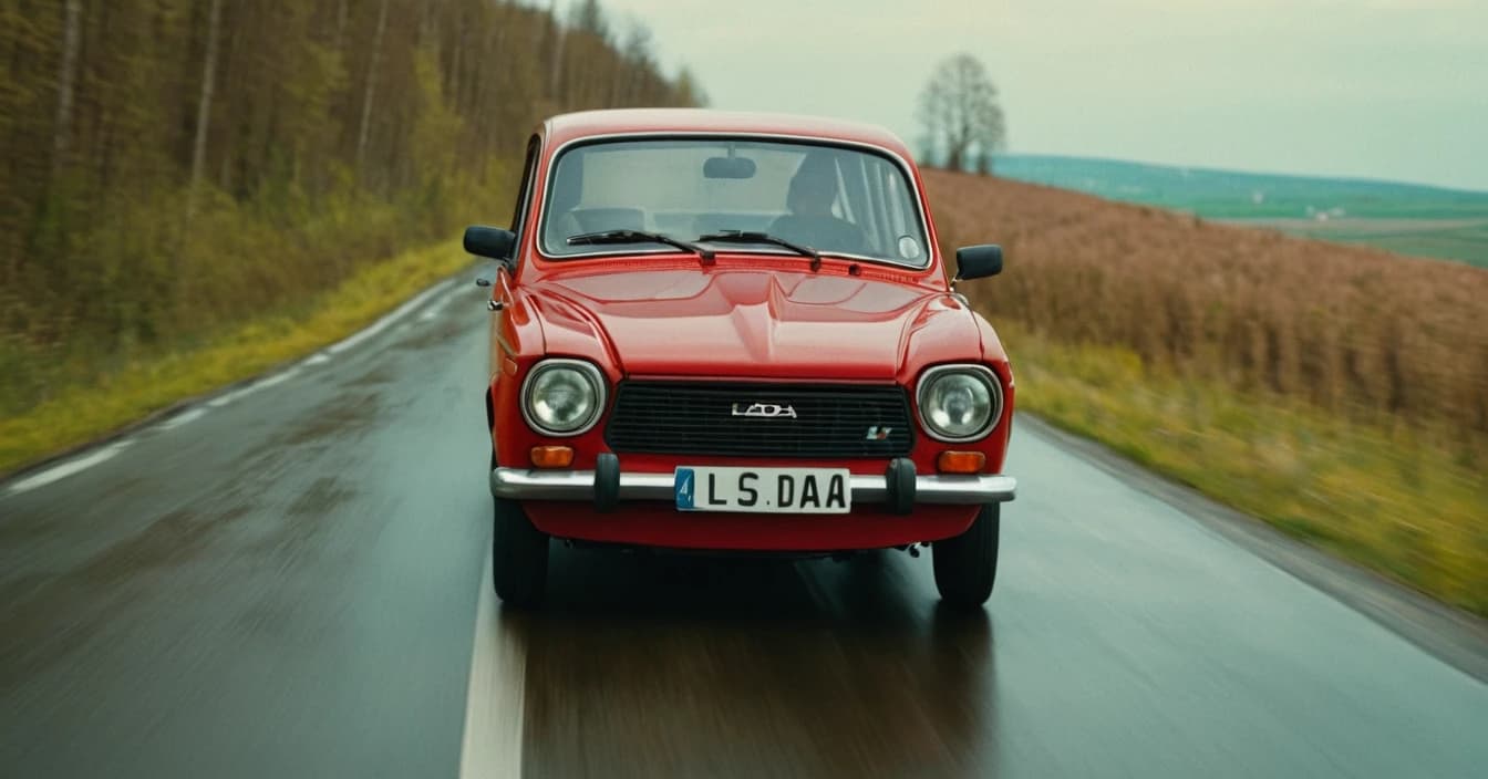 красная машина LADA едет по дороге