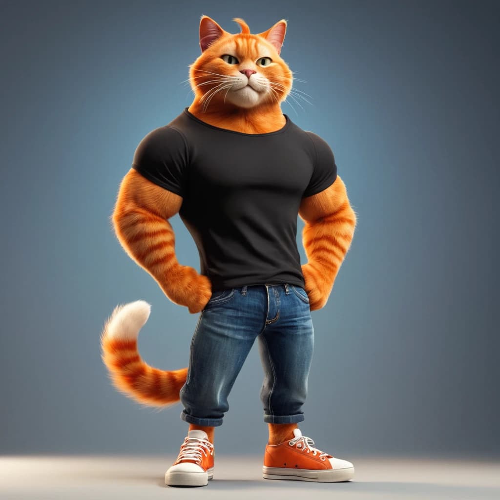 Disney 3d cartoon style, anthropomorphic orange cat man, confident face, tall,huge,muscular, muscular body, dressed in a black T-shirt (with no logo) , jeans and sneakers