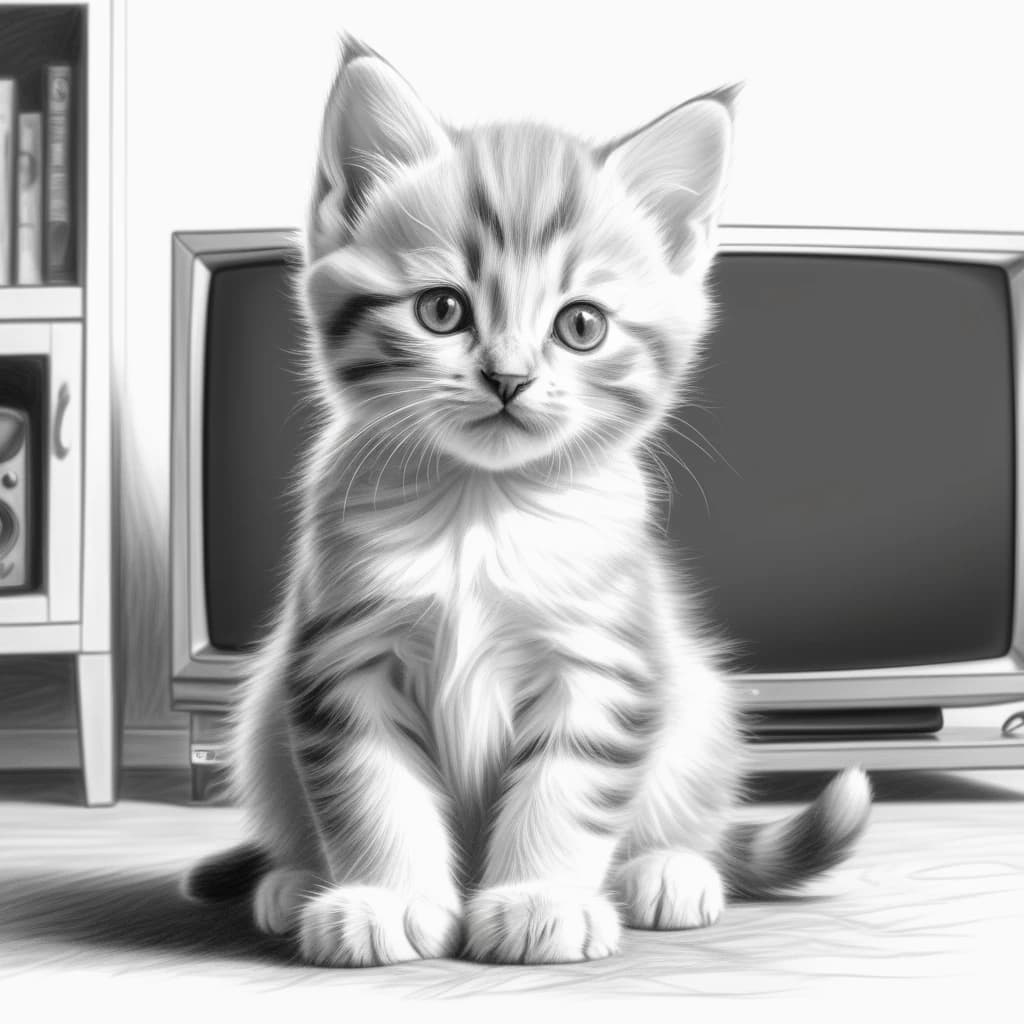 Нарисуй красивого котенка который смотреть телевизор.