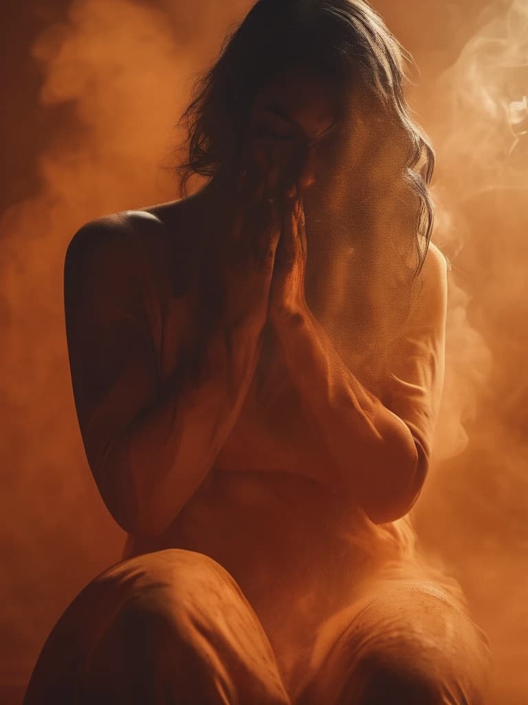 orange thick smoke in smooth tones depicts a melting figure of a woman against a wall background with smoke streaming down it, holding onto her own self. The woman is kneeling and crying loudly, a dramatic expression on his face. Strong contrast of dramatic colors, 4k, high quality and detail. Flickering light, perfect composition, beautifully detailed intricate insanely detailed octane render trend on artstation, 8 k art photography, photorealistic concept art, soft natural volumetric cinematic perfect light, chiaroscuro, award - winning photograph, masterpiece, oil on canvas, raphael, caravaggio, greg rutkowski, bipple, bexinski, hyger
