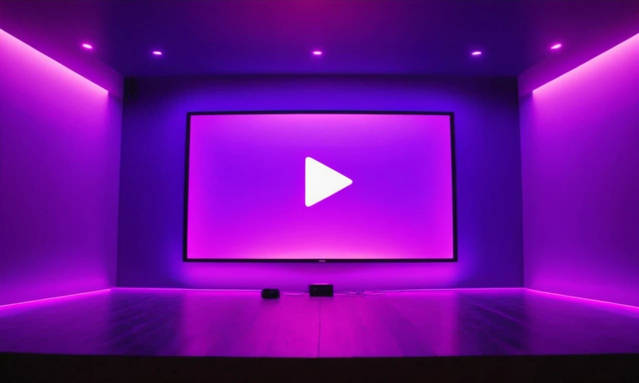 качество 4k, по середине написанно буквами YOUTUBE с фиолетовой светящейся обводкой, снизу фиолетовая плавная подсветка