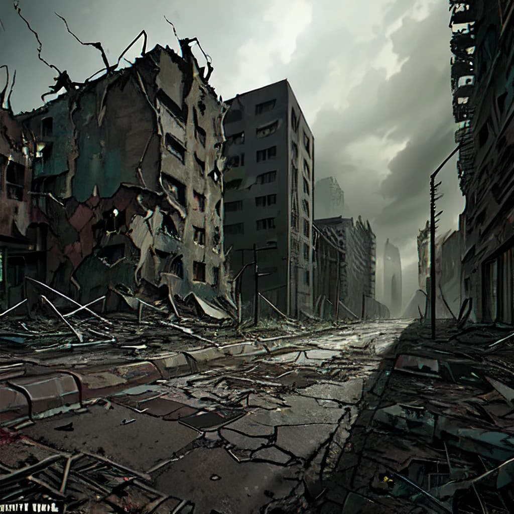 (masterpiece, post-apocalyptic, gritty:1.3), agile and athletic cyborg racing down an abandoned street littered with debris and graffiti, showcasing a desolate setting, dirty and worn details on the cyborg's mechanical parts reflecting the effects of the destroyed environment, dark colors of alcohol paint mingling with rust and dirt tones in the scenery, creating a dramatic and dark contrast, overlaid images of ruins and warning signs merging with the cyborg figure, evoking feelings of desolation and potential rebirth, dynamic pose, detailed urban decay backdrop with crumbling buildings, overgrown vegetation, ominous skies, scattered debris, muted color palette, eerie atmosphere, rugged textures, intense energy, symbolic composition hinting at resilience amidst chaos.