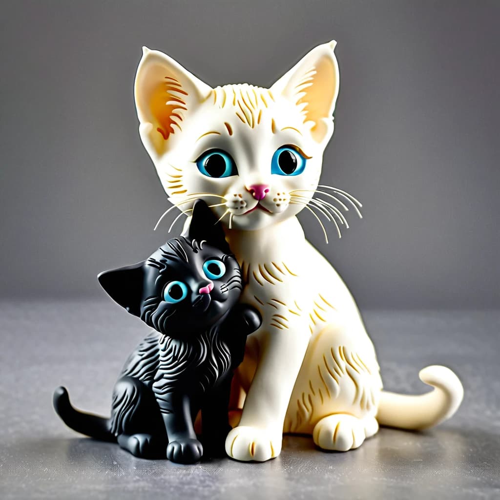 белый котенок  обнимает черного котенка на сером фоне