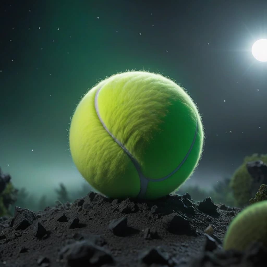 a close up of a tennis ball in the dark, circa the year 2994, green and black colors, debris flying around, blurry image, ringed planet in the sky, artistic render, as seen from the canopy, exterminatus, dark bright effect, an ai generated image, blackout, my computer icon, sleipnir, comming, blame