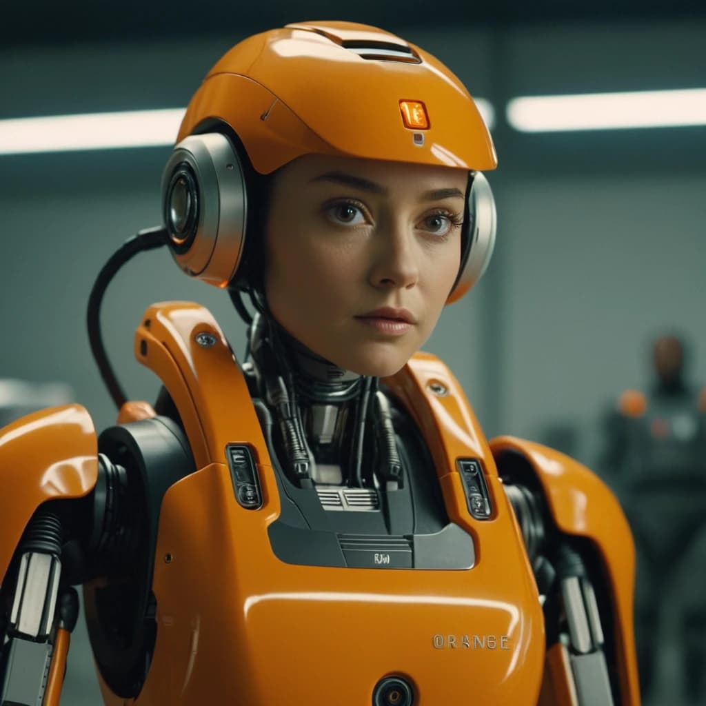 Orange is a robot, high detail, non-humanoid, full height, sci-fi style