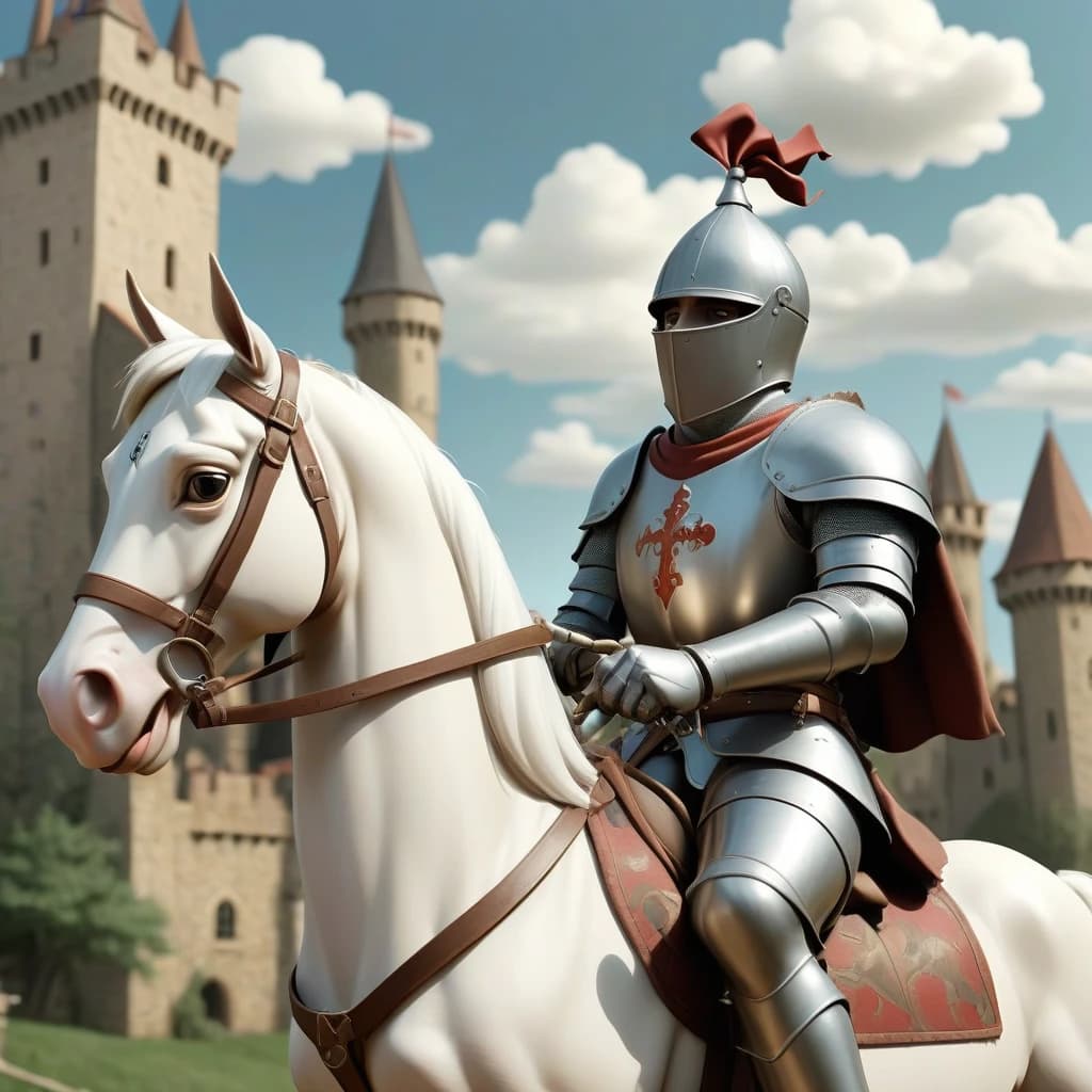 A comics-style medium shot of a knight on a horse in the middle ages. The knight is blowing a bugle. The background contains a castle and a village. The sky is clear.