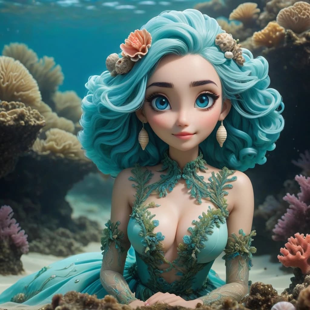 A very beautiful adult girl is sitting underwater on the seabed, she is wearing a dress made of seaweed, decorated with shells and coral, the girl is looking at us, she has big beautiful eyes of blue color, turquoise hair is developing in the water, the girl is smiling nicely.