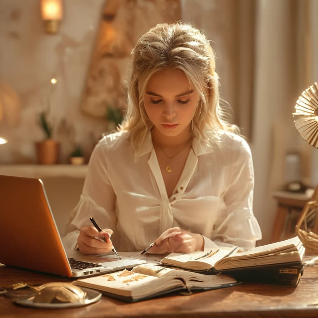 girl beautiful blonde with a haircut brown, designer sitting, working at a laptop, on the table spread: color fan, liner, notebook with sketches, the background is a modern room in beige tones