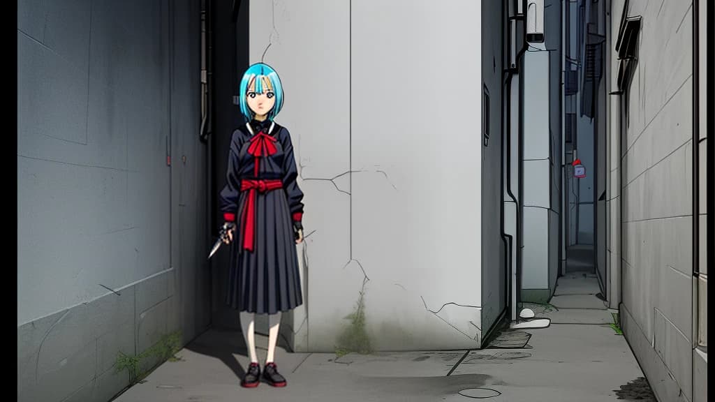 Anime girl standing around the corner with a full-length knife in the center of the frame in color