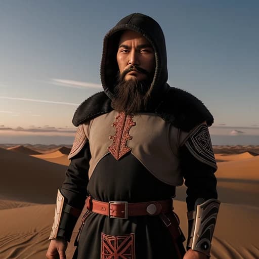 A Kyrgyz hero in national armored clothing stands on top of a dune during sunrise. Male hero, 30-35 years old. Black hair with a beard, courageous and self-confident. There is a large hood on the head. The hero is of Kyrgyz nationality. The hero’s clothes have Kyrgyz national patterns. The hero looks at us intently.