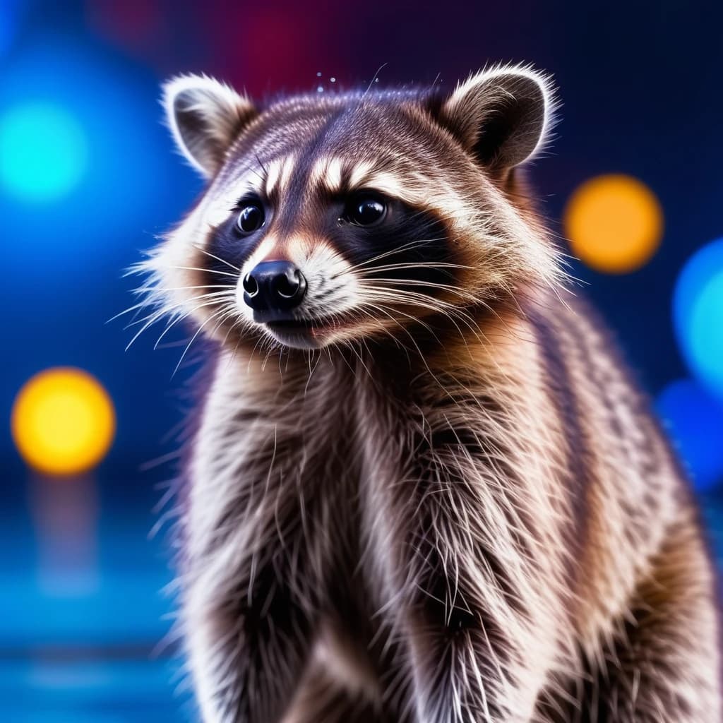 Raccoon looks away, blue rays on neon background, in the rain
