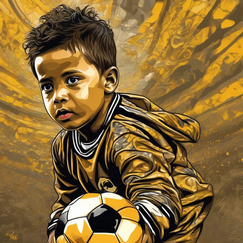 2D Vector Illustration of a child with soccer ball Art for Sublimation, Design Art, Chrome Art, Painting and Stunning Artwork, Highly Detailed Digital Painting, Airbrush Art, Highly Detailed Digital Artwork, Dramatic Artwork, stained antique yellow copper paint, digital airbrush art, detailed by Mark Brooks, Chicano airbrush art, Swagger! snake Culture, professional fine detail, very coherent, sharp focus, ambient light, dynamic dramatic cinematic colors, aesthetic, magical atmosphere, vibrant, intricate, stunning, highly coveted, extremely beautiful, creative, cheerful, pretty, color, rich deep complex artistic, surreal, elegant, luxurious, epic, best, awesome, gorgeous, cute, romantic, focused, colorful background
