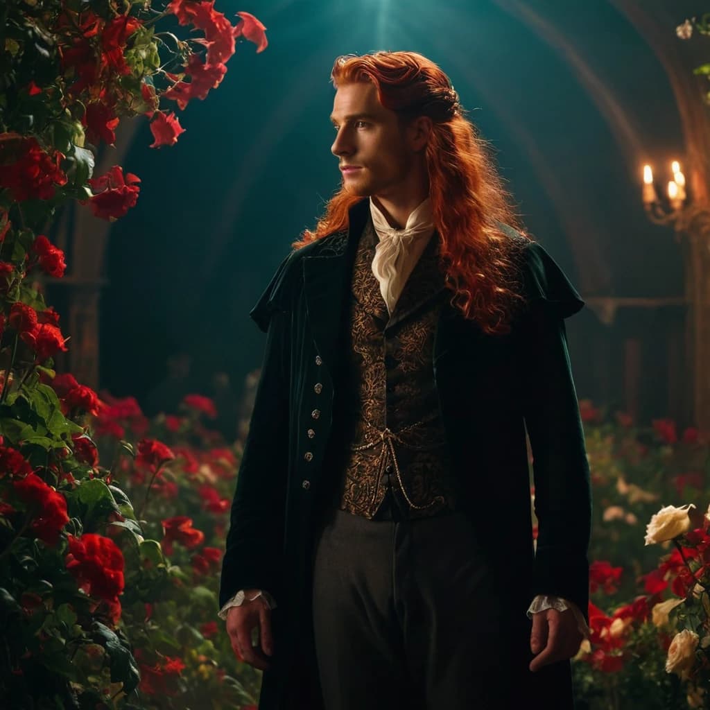 A man with dragon features and wings, a handsome man, long red hair, magical light, glowing flowers, eerie atmosphere. A man stands at full height, a sly look, Victorian era clothing, wizard.
