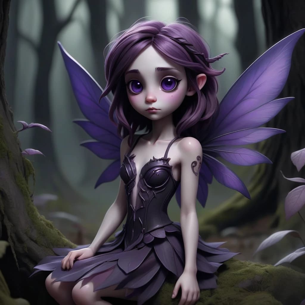 Dark willow is a small gloomy fairy with purple wings in a dark forest