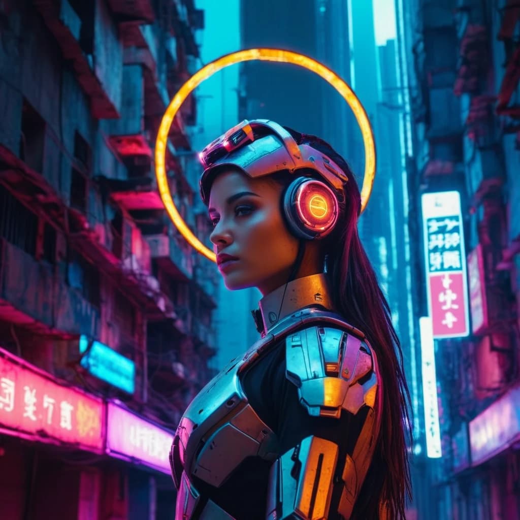 A cyborg girl with a halo over her head. It stands in a ruined and abandoned city