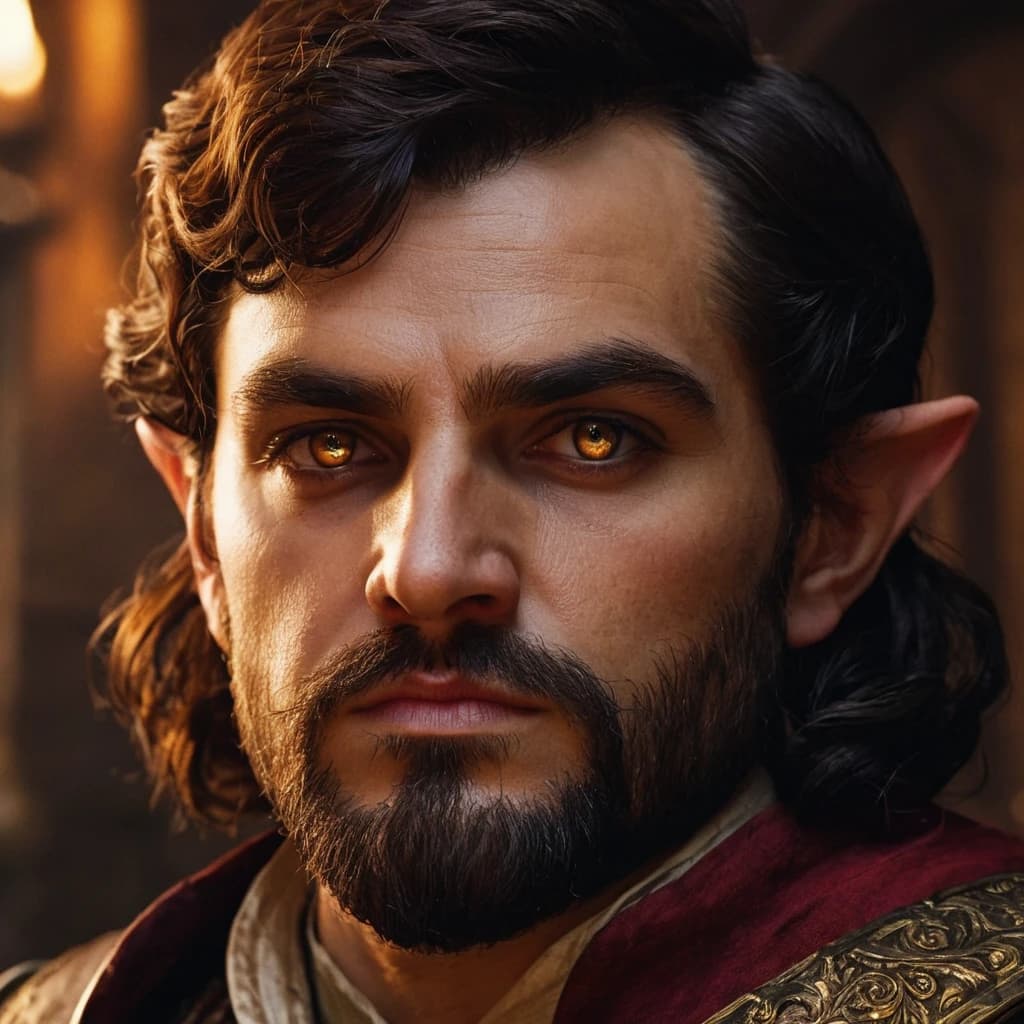 Create an avatar for a character from Dungeons & Dragons: a wealthy crime baron, a large, well-fed halfling with a square jaw and cold, steel-like eyes. He should resemble a prosperous merchant involved in shady dealings, similar to the baron from The Witcher 3. The perspective should be from the waist up, capturing the character's facial details and expression that convey cunning and shrewdness, all set in a dark fantasy atmosphere.