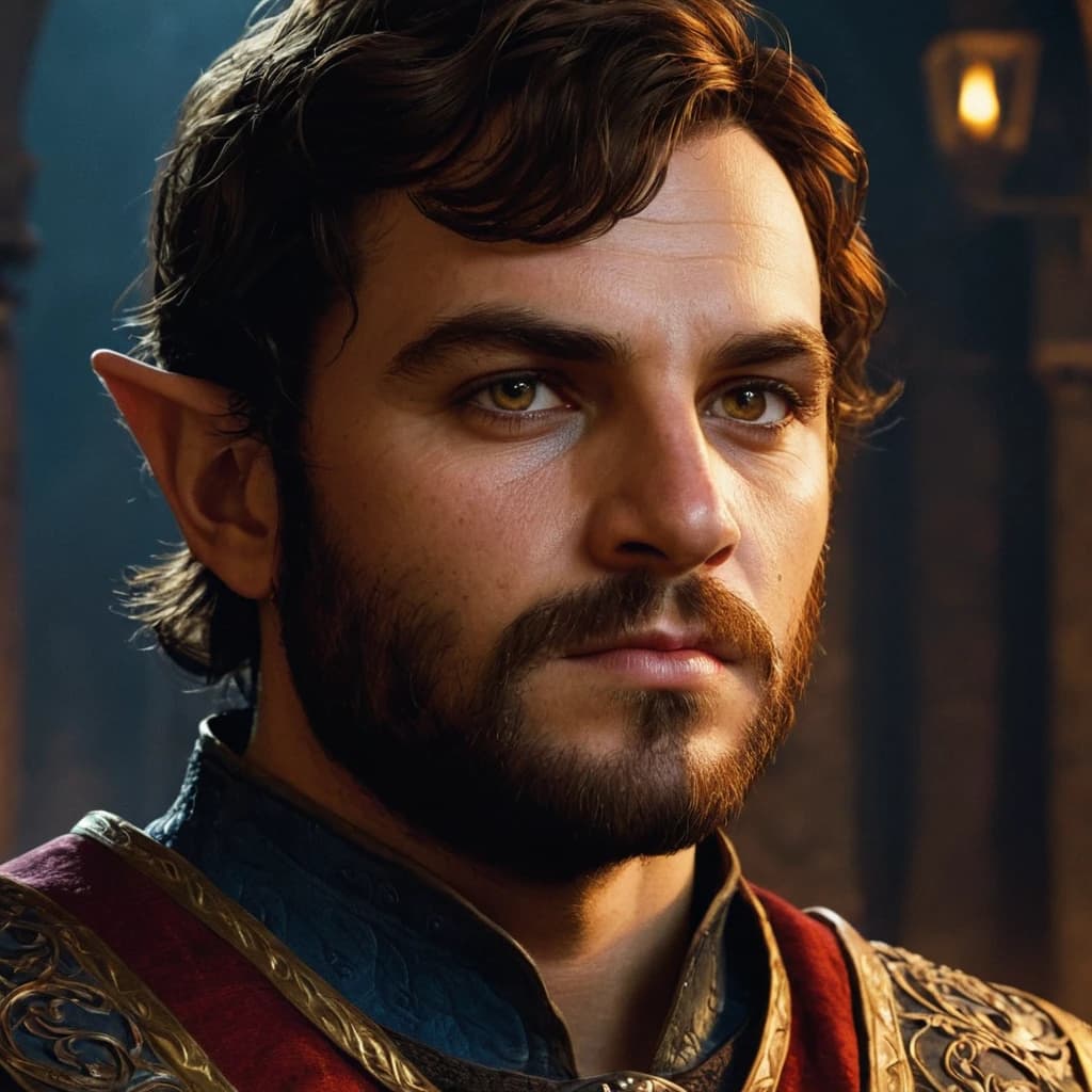 Create an avatar for a character from Dungeons & Dragons: a wealthy crime baron, a large, well-fed halfling with a square jaw and cold, steel-like eyes. He should resemble a prosperous merchant involved in shady dealings, similar to the baron from The Witcher 3. The perspective should be from the waist up, capturing the character's facial details and expression that convey cunning and shrewdness, all set in a dark fantasy atmosphere.