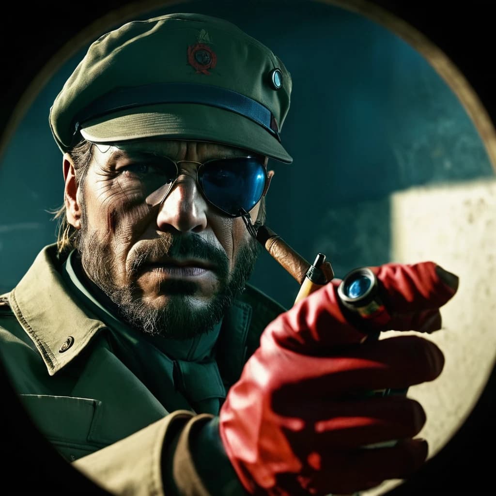The photo is taken as if someone is looking through a peephole, that is, a fisheye effect is applied. It shows a character from the game Metal Gear Solid Phantom Pain Big Boss smoking a cigar with his left hand, the left hand is a red prosthesis. A dark blue filter is applied to the entire photo