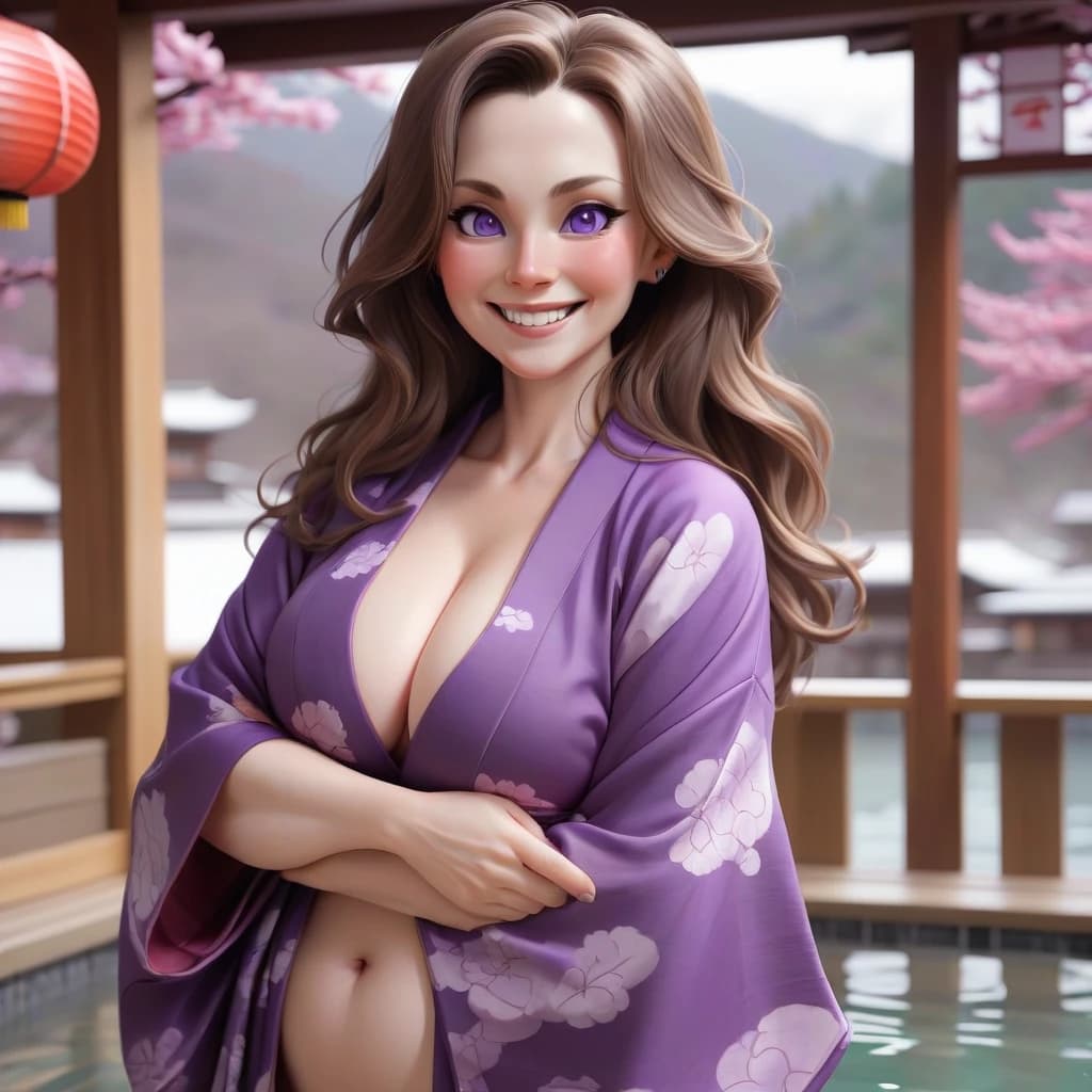 Mature woman, long wavy brown hair, fair skin, purple eyes, big bosom, purple kimono, blushing, smiling,in an onsen