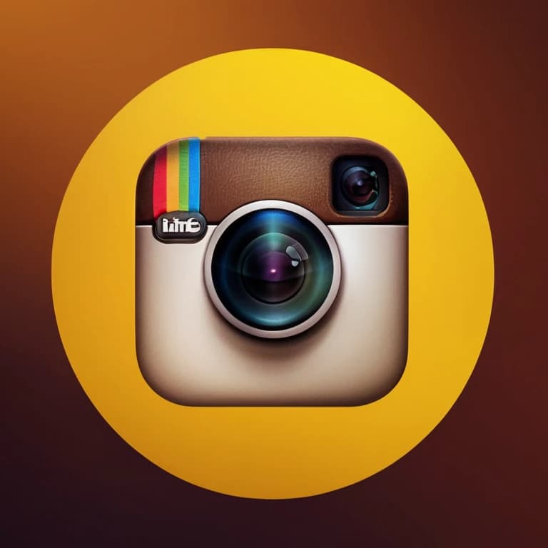 Closeup of instagram logo with smile under lens in yellow color
