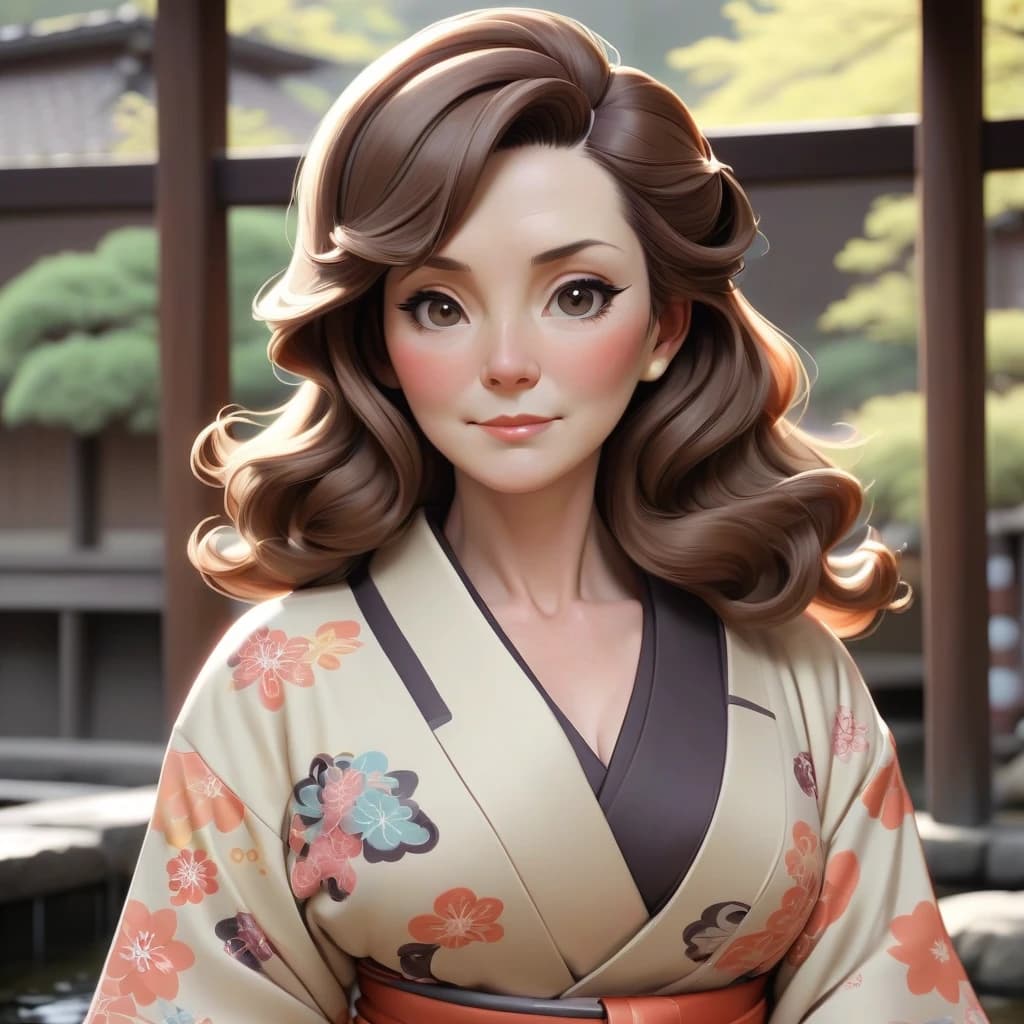 Mature woman, kimono, retro anime style, long wavy brown hair, in an onsen