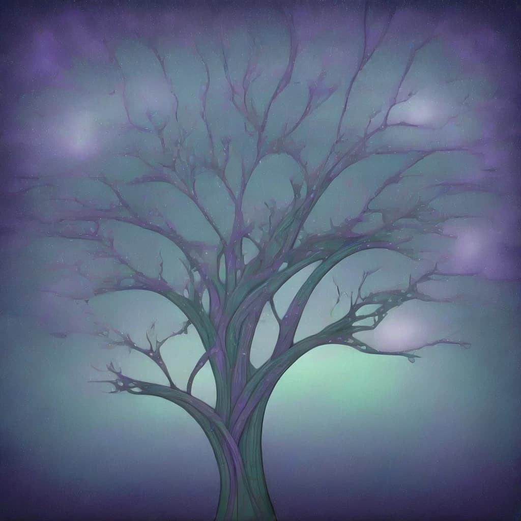 A tree in outer space under the starry rain. (((((((((( Art Nouveau style) Purple Green