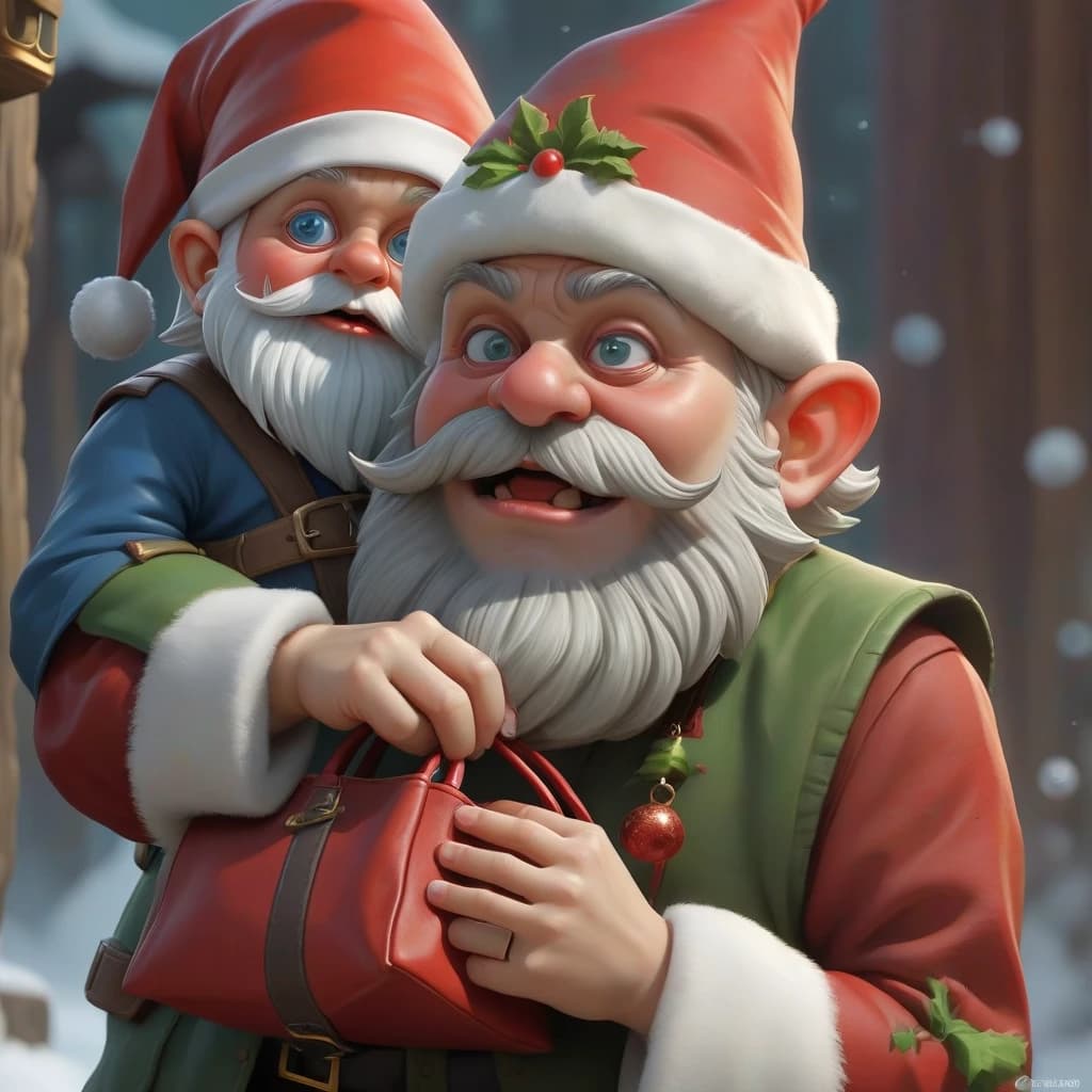 gnome santa claus with a bag of gifts, holding a skull, horror, creepy
