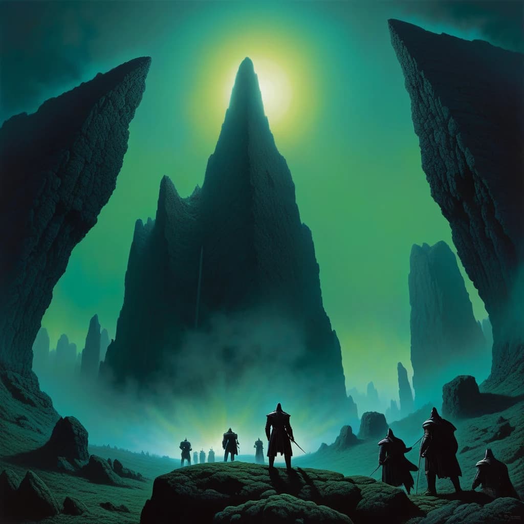 Нарисуй фон для постера рок концерта в стиле художников Gerald Brom, Zdzislaw Beksinski, Eliran Kantor, Seth Siro