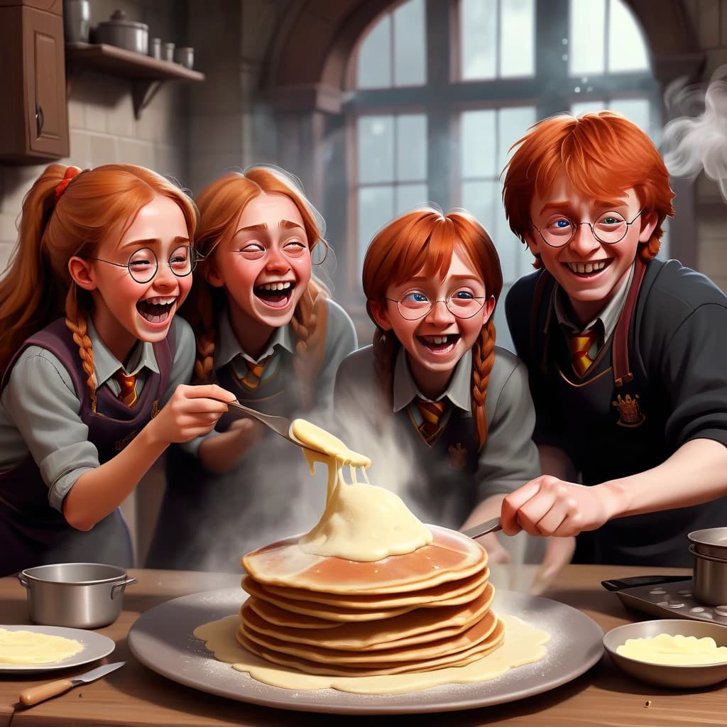 3 persons harry potter, germiona granger, ron weasley, cooking russian pancakes, flour on the table, laughing, magic, non realism style, anime art style, and delicate brushstrokes