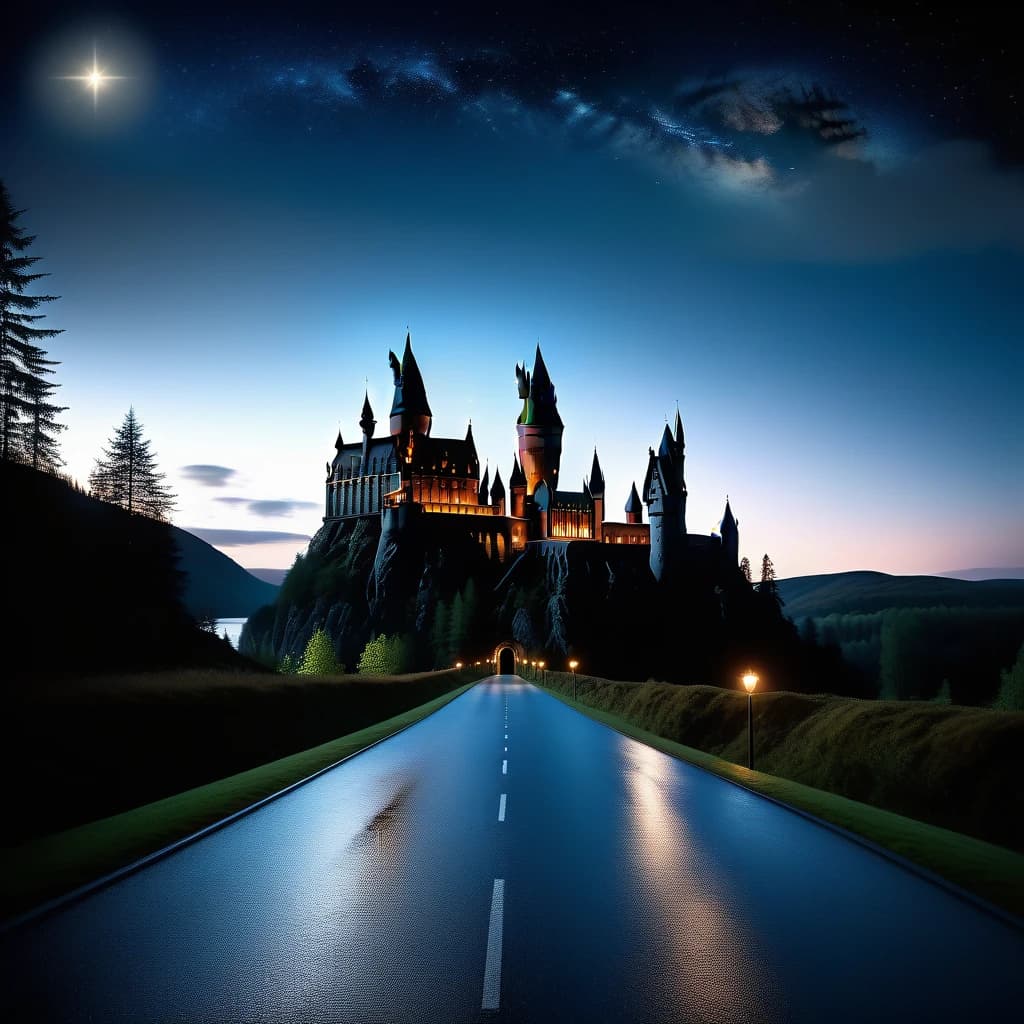 Замок Hogwarts, по средине, с левой стороны от замка дорога прямая осфальтированная с  древними фонорями, справа лес и озеро, в темное время суток, и небо со звездами в виде символа темного лорда