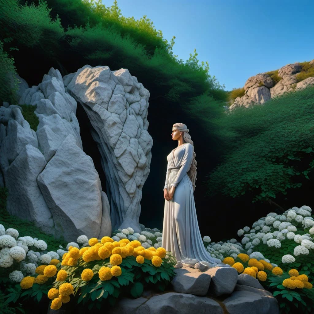 beautiful gray statue of a girl, immured in a huge stone rock, the girl stands at full height, she is shrouded in roots and flowers, she is dressed in light clothes