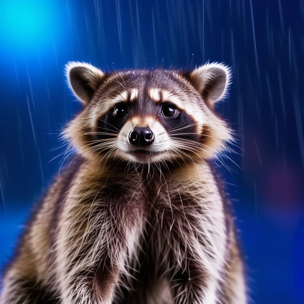 Raccoon looks away, blue rays on neon background, in the rain