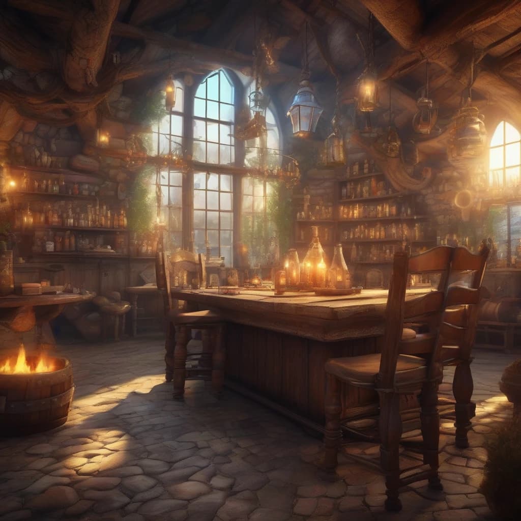 mystical tavern, fantasy,  (((masterpiece))), ((best quality)), ((intricate detailed)), ((Hyperrealistic)), highly detailed, illustration,  detailed background,  lens flare, from the front