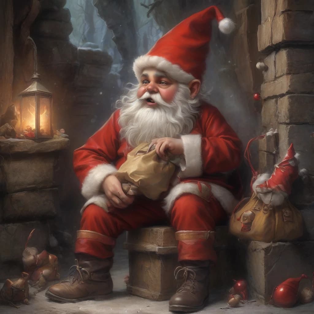 gnome santa claus with a bag of gifts, holding a skull, horror, creepy