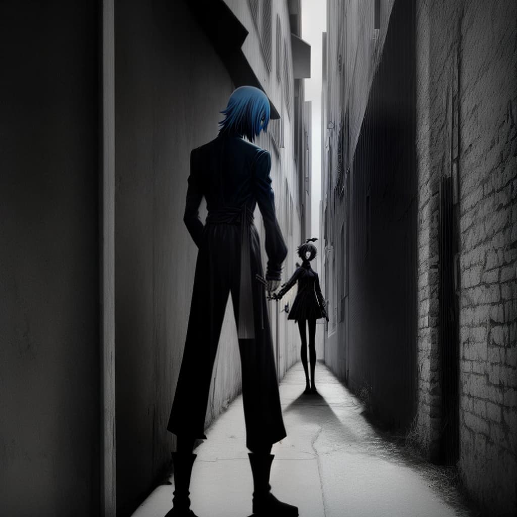 Anime standing around the corner with a full-length knife in the center of the frame in color