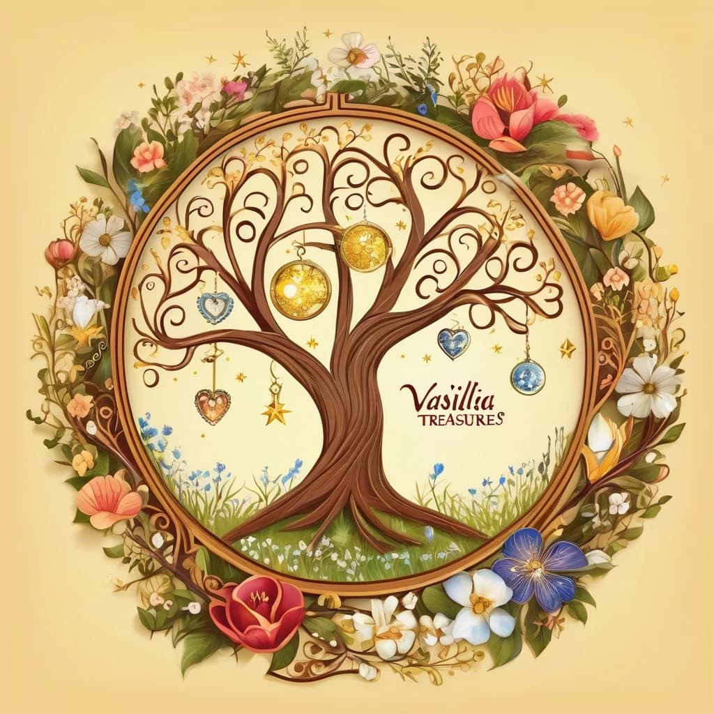 A fairy tale style logo for "Vasilisa's Treasures" workshop. At the center, there is a magical tree with branches forming a circle,surrounded by flowers and grass. On the branches, there are soft flowers and symbols representing different "magical candles" (heart, star, moon, and whirlpool). Under the tree, the name "Vasilisa's Treasures" is written in an elegant script, highlighted in gold or silver color. Around the name, there are soft decorative elements.