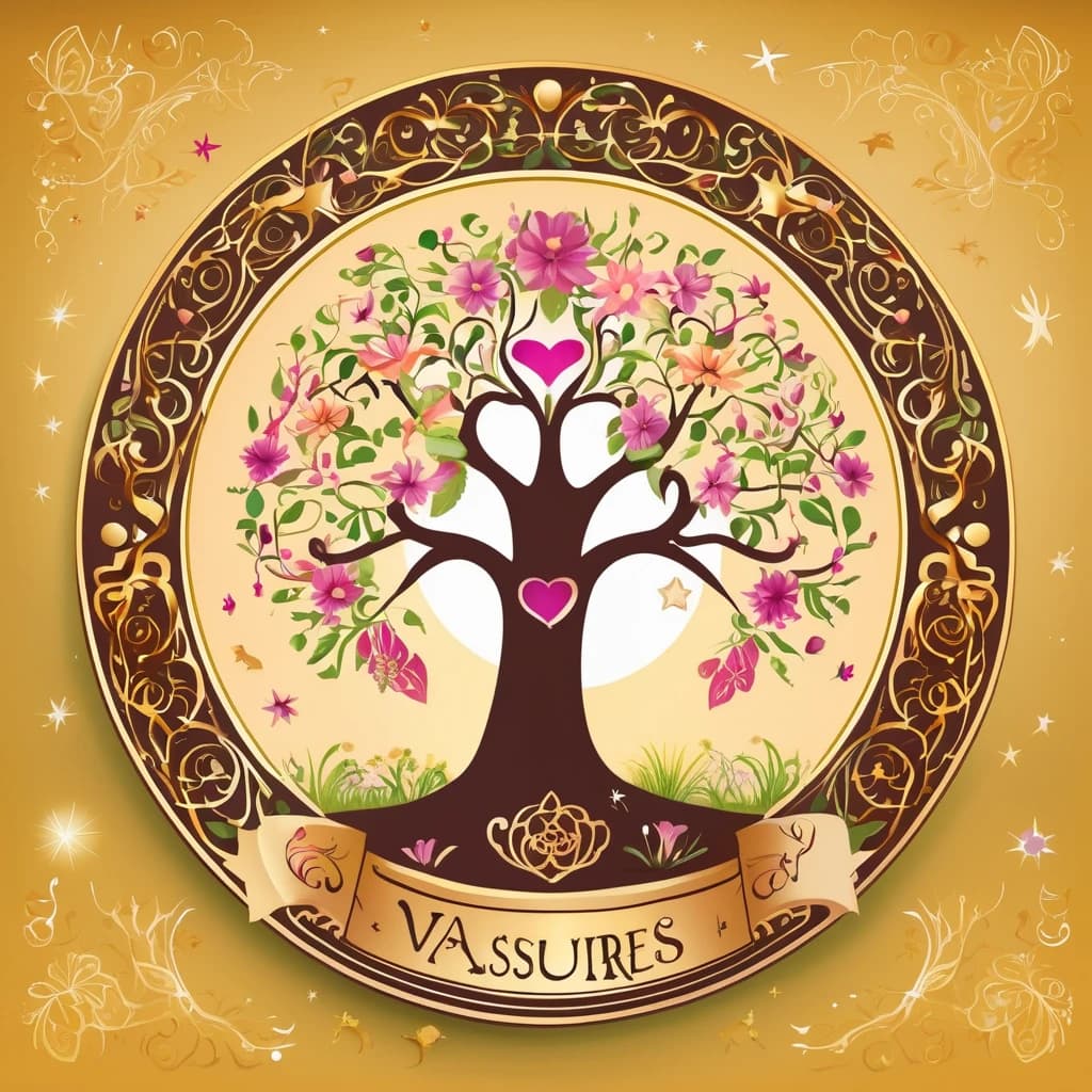 A fairy tale style logo for "Vasilisa's Treasures" workshop. At the center, there is a magical tree with branches forming a circle,surrounded by flowers and grass. On the branches, there are soft flowers and symbols representing different "magical candles" (heart, star, moon, and whirlpool). Under the tree, the name "Vasilisa's Treasures" is written in an elegant script, highlighted in gold or silver color. Around the name, there are soft decorative elements.