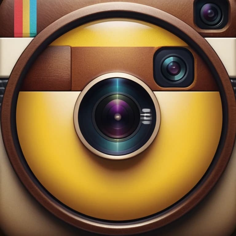 Closeup of instagram logo with smile under lens in yellow color