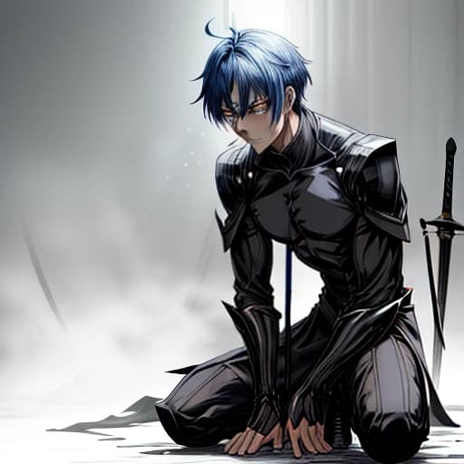 anime character guy, a dark aura envelops him, he is sad, he holds a sword in his hand and behind him is the devastation after the battle, he is on his knees, very angry