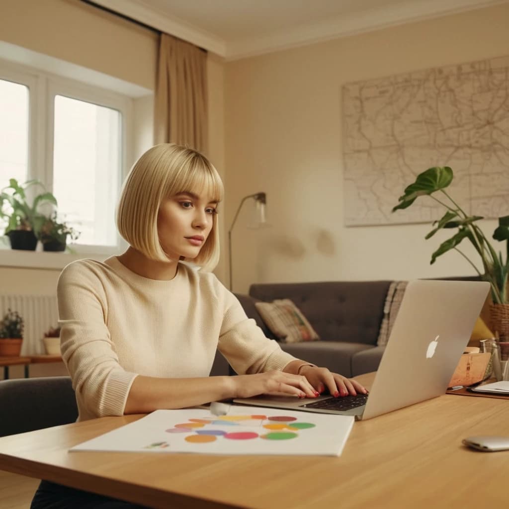 a girl-designer, a beautiful blonde with a bob haircut, in front of her is an Apple laptop, on the table spread: a color fan, a liner, a notebook with sketches, in the background is a modern room in beige tones.