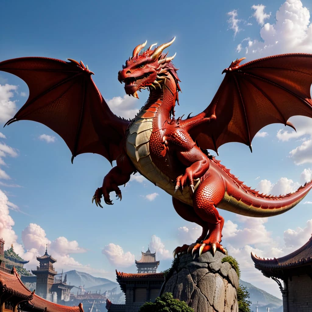full-length 3D dragon, pixar style, 3/4 turn dragon, red dragon, with wings, dragon soars in the air, dragon looks into the camera, fire escapes from the dragon's mouth, painted scales on the dragon's skin, cheerful facial expressions,