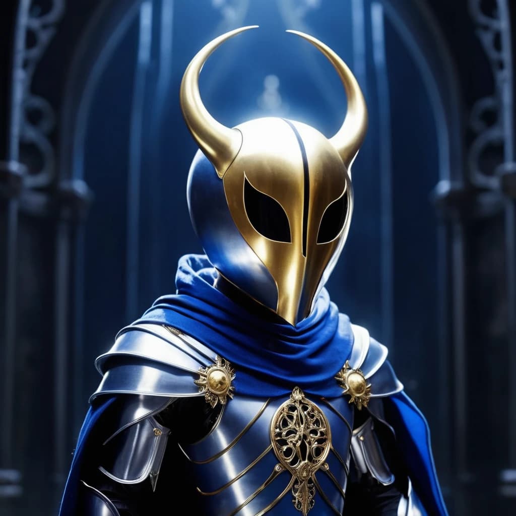 Гуманоид в плаще из Hollow knight бирюзового цвета с серебристыми линиями и золотой маской из той же игры