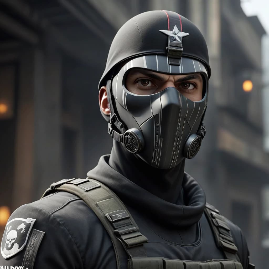 call of duty: ghosts a tall, powerfully built soldier wearing a black cloth mask with light stripes