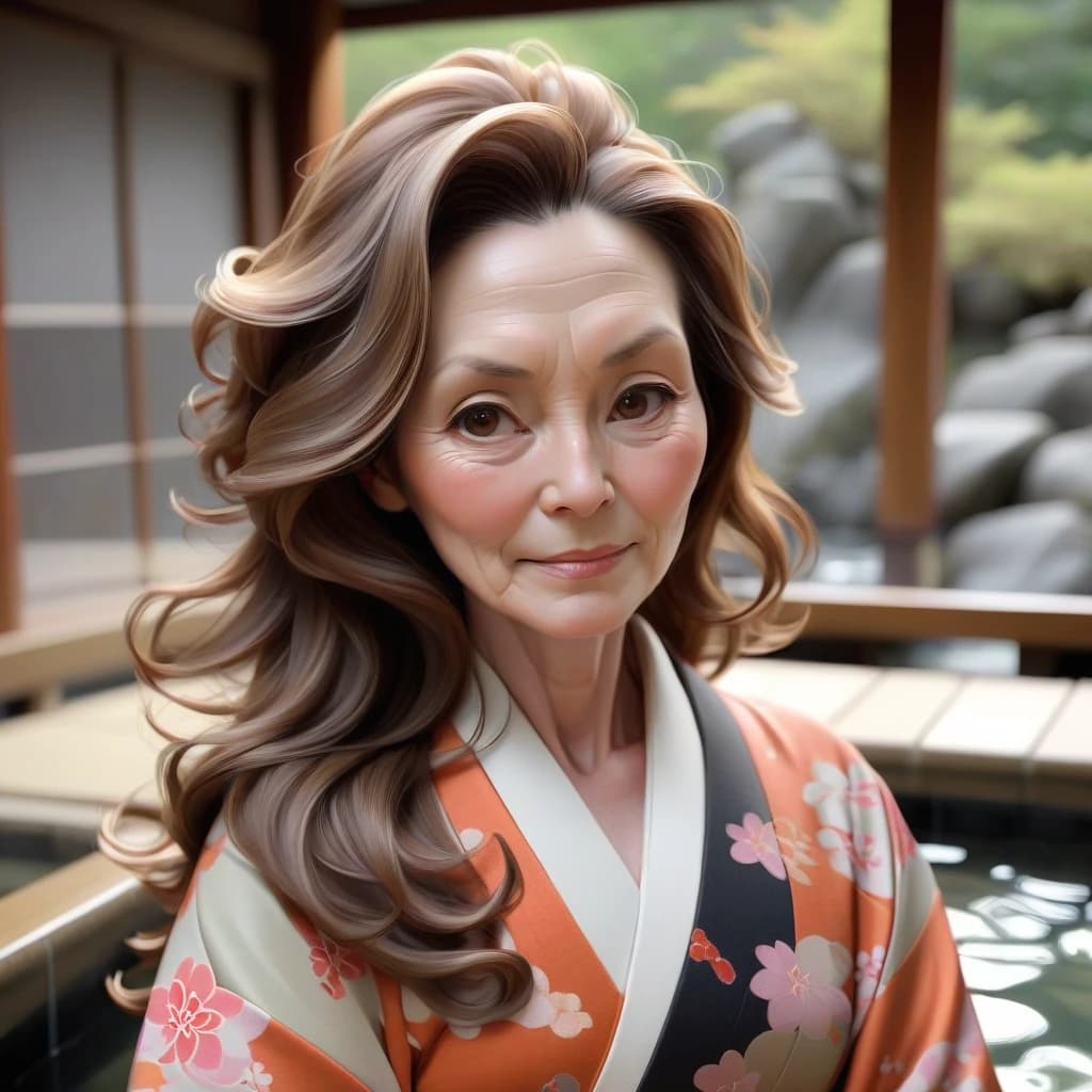 Mature woman, kimono, long wavy brown hair, in an onsen