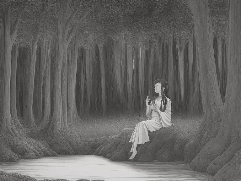 image made in soft blue and green colors to create a peaceful and contemplative atmosphere, which depicts a meditating girl in a white cloak with gold embroidery, sitting under a tree in a forest clearing, near a reflecting lake and soft light falling on the silhouette of the girl